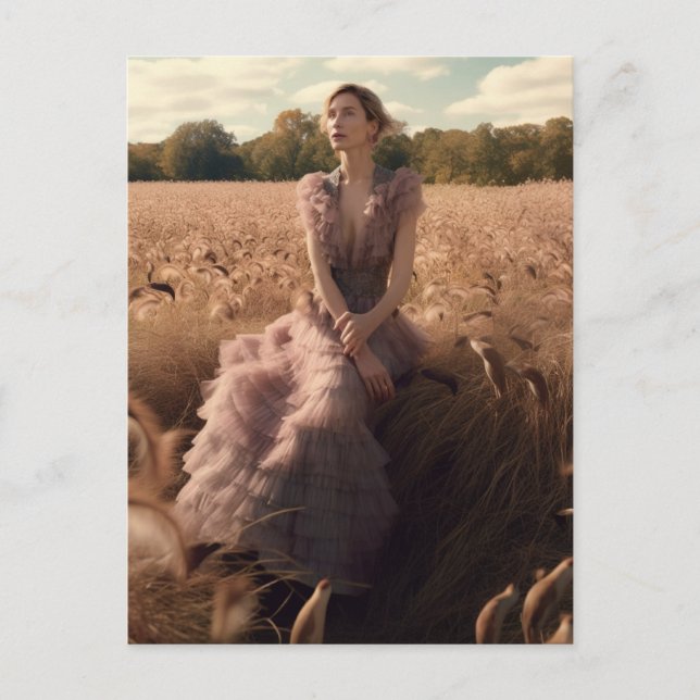 Schöne Frau in einem Kleid auf einem Feld Postkarte (Vorderseite)