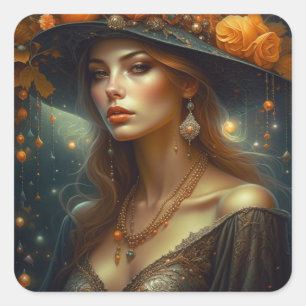 Schöne Frau in Hat Ethereal Kunst Quadratischer Aufkleber