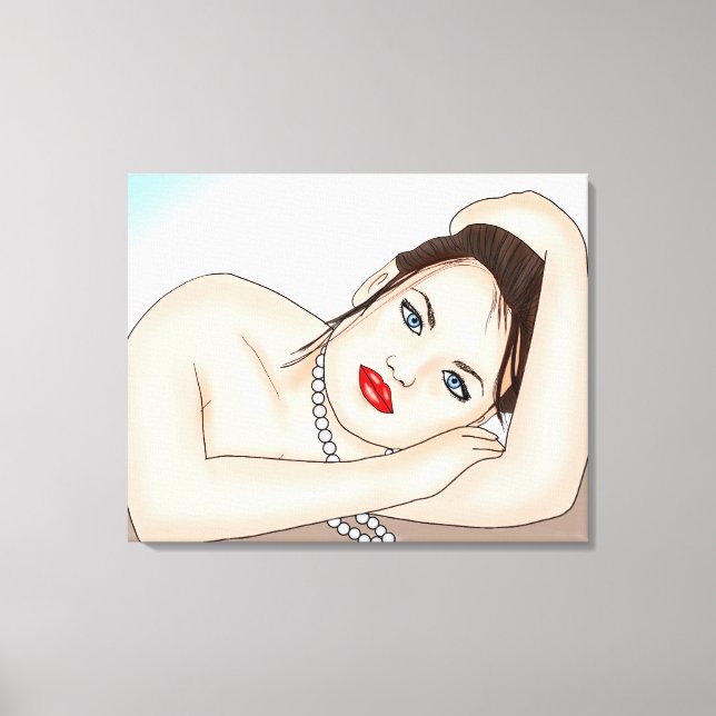 Schöne Frau in Perlen mit blauen Augen Leinwanddruck (Vorderseite)