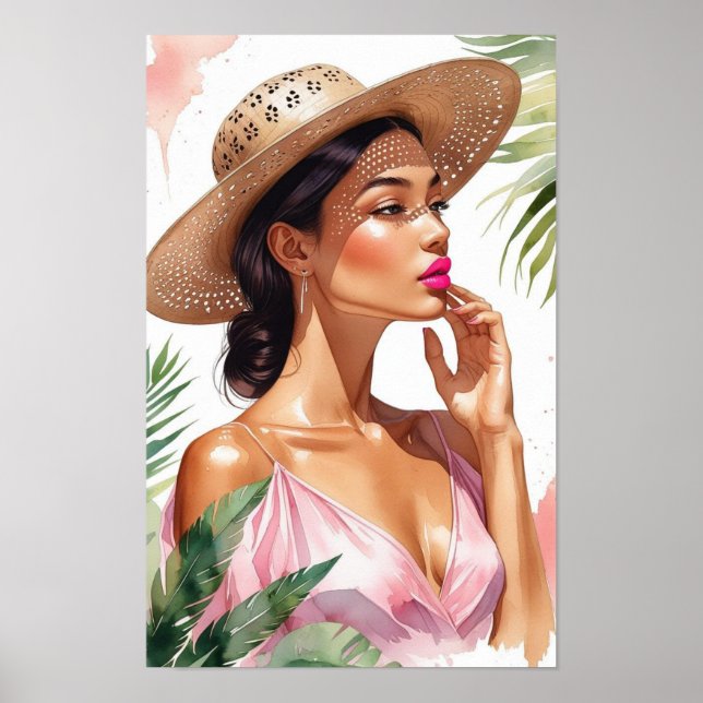 Schöne Frau in Rosa Aquarell Poster (Vorne)