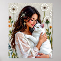 Schöne Frau, Katze und Löwenzahn