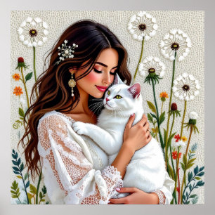 Schöne Frau, Katze und Löwenzahn Poster