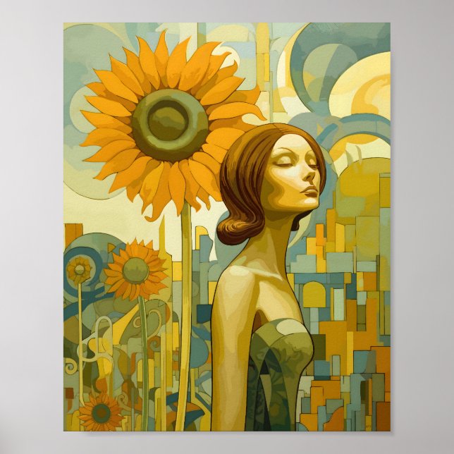 Schöne Frau mit Blick auf den Himmel Sonnenblume Poster (Vorne)