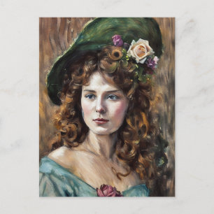 Schöne Frau mit Blumenhut Pastellkunstzeichnung Postkarte