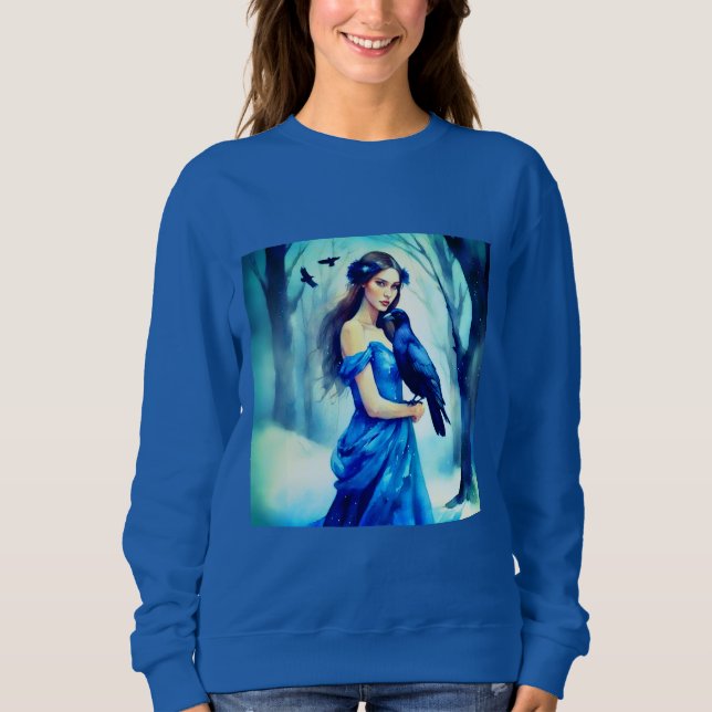 Schöne Frau mit einem Raben in einem Schneewald Sweatshirt (Vorderseite)