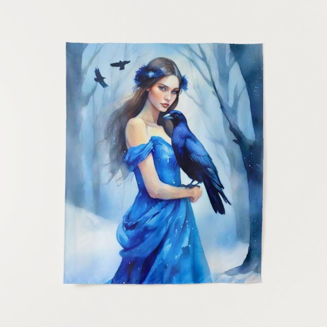 Schöne Frau mit einem Raben in einem Schneewald Wandteppich (Vorderseite)