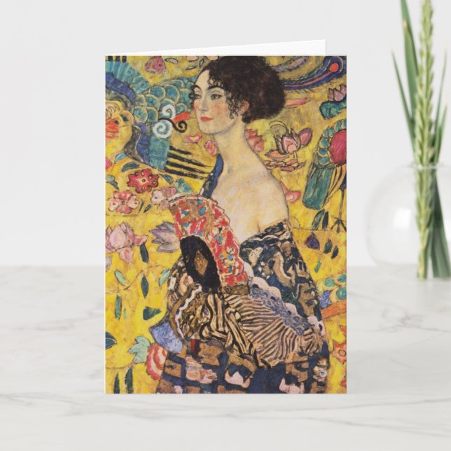 Schöne Frau mit Fan von Klimt Karte (Vorderseite)