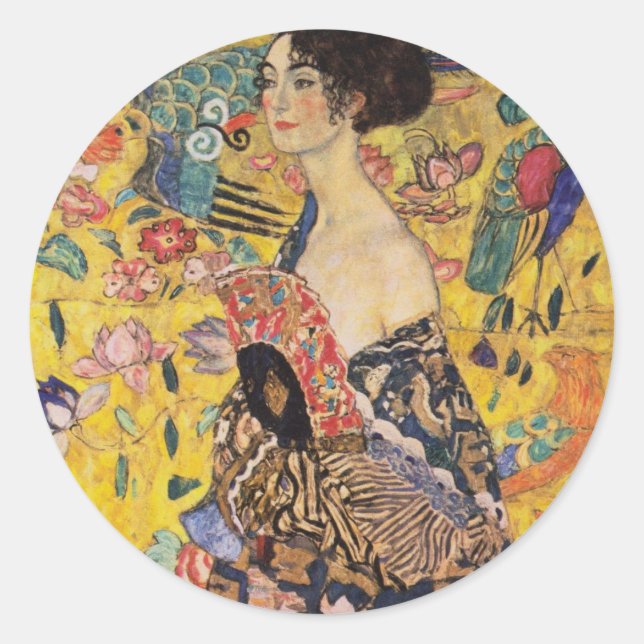 Schöne Frau mit Fan von Klimt Runder Aufkleber (Vorderseite)