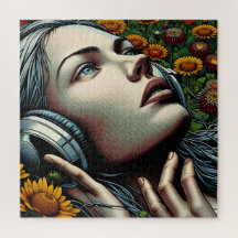 Schöne Frau mit Kopfhörern in Sonnenblumen