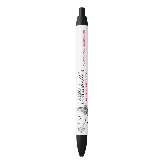 Schöne Frau mit rosa Ohrringen und Branding Kugelschreiber (Vorderseite Vertikal)