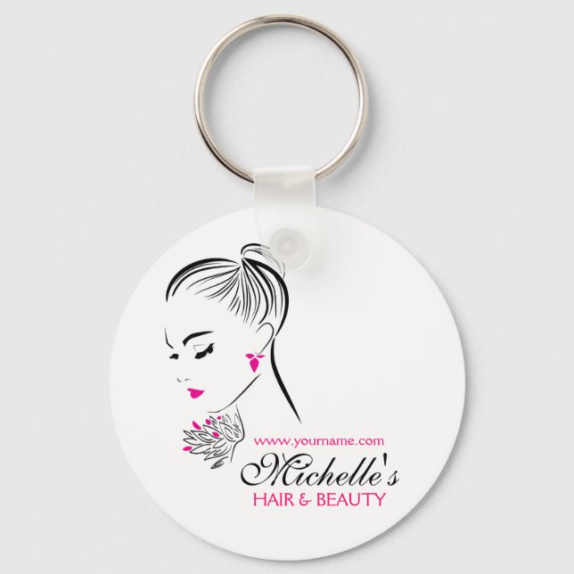 Schöne Frau mit rosa Ohrringen und Branding Schlüsselanhänger (Vorderseite)