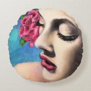 Schöne Frau mit Rose Rundkissen Rundes Kissen