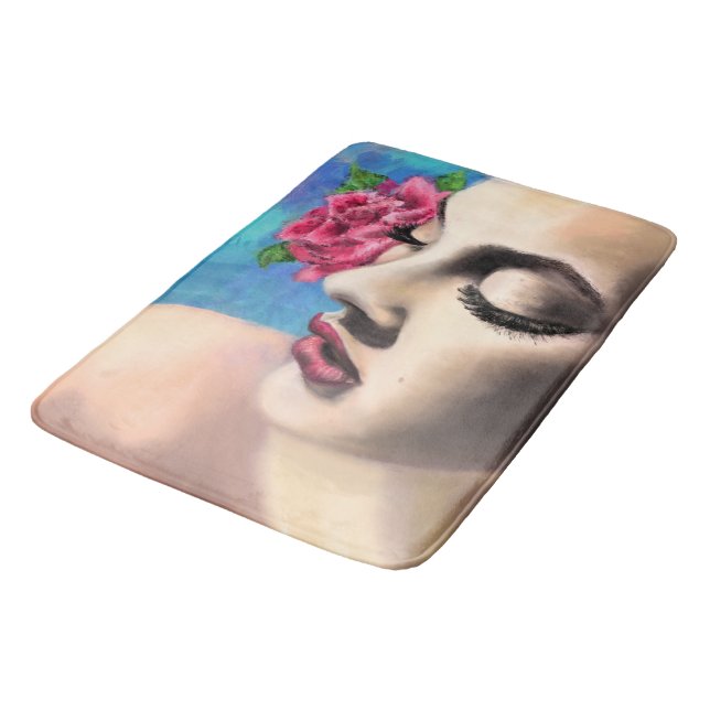 Schöne Frau mit Rote Rose - Originelle Malerei Badematte (Schrägansicht)