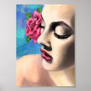 Schöne Frau mit roter Rose - Originalgemälde Kunst Poster