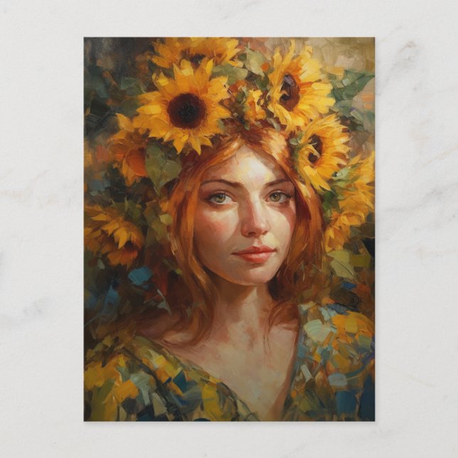 Schöne Frau mit Sonnenblumen Postkarte (Vorderseite)