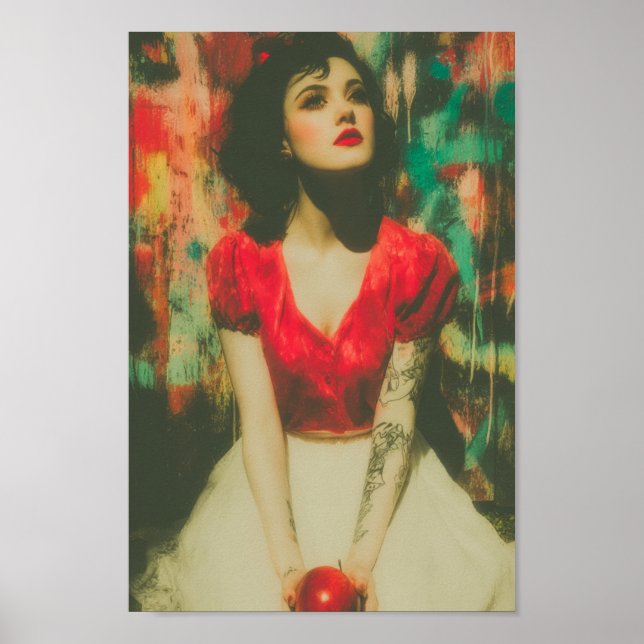 Schöne Frau mit Tattoos und einem Apfel Poster (Vorne)