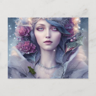 Schöne Frau mit Winterblumen und Schnee Postkarte