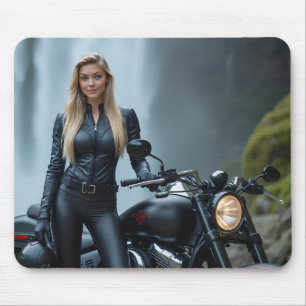 Schöne Frau neben dem Wasserfall des Motorrads Mousepad