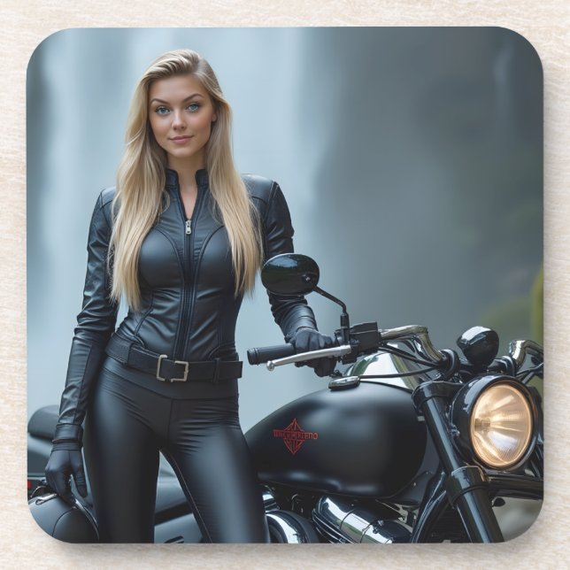 Schöne Frau neben Motorrad / Wasserfall Getränkeuntersetzer (Vorderseite)