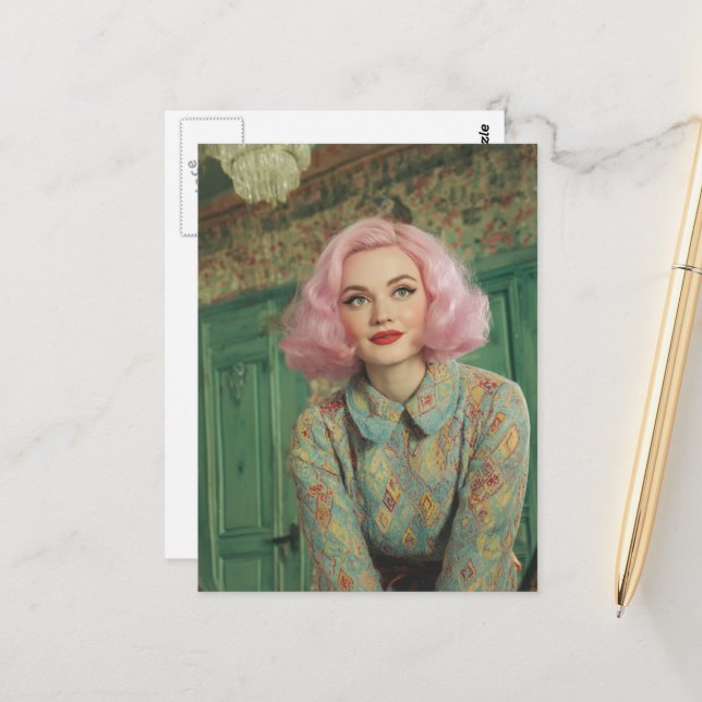 Schöne Frau rosa Haar Retro Haus Postkarte (Vorderseite/Rückseite Beispiel)