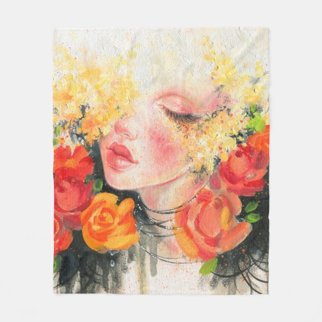 Schöne Frau und Blume Fleecedecke (Vorderseite)