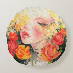 Schöne Frau und Blume Rundes Kissen