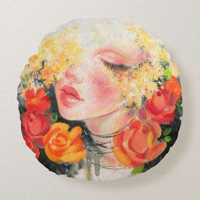 Schöne Frau und Blume Rundes Kissen (Vorderseite)