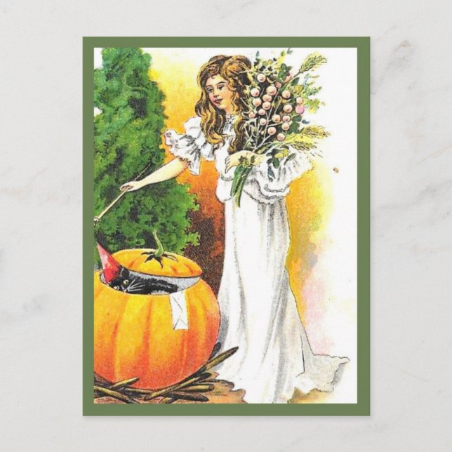 Schöne Frau und Pumpkin - Vintages Halloween Postkarte (Vorderseite)