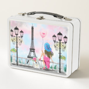 Schöne Frau und rosa Herzballon - Ich liebe Paris Metall Brotdose