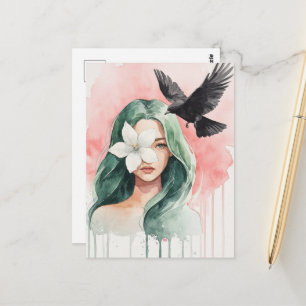 Schöne Frau und schwarzer Vogel Postkarte