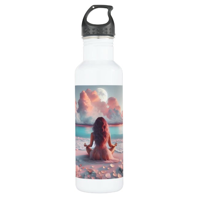 Schöne Frauen meditieren auf Beach Blank Edelstahlflasche (Vorderseite)