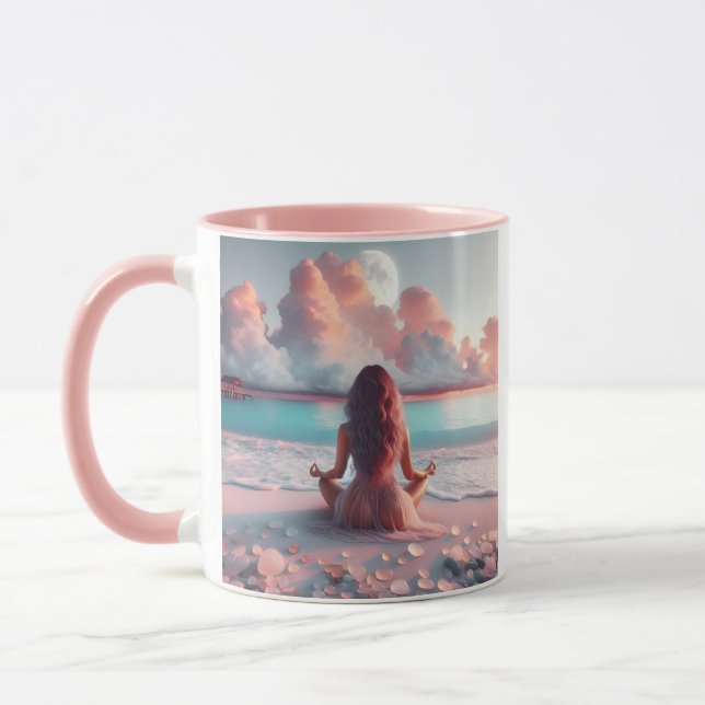 Schöne Frauen meditieren auf Beach Blank Tasse (Links)