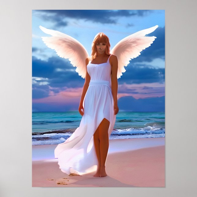 Schöne Frauen mit Angel Wings am Strand Poster (Vorne)