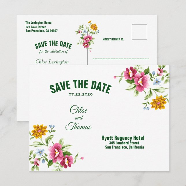 Schöne Frühlingsblumen Hochzeit retten das Datum Ankündigungspostkarte (Vorne/Hinten)