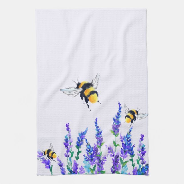 Schöne Frühlingsblumen und Bienen fliegen - Zeichn Geschirrtuch (Vertikal)