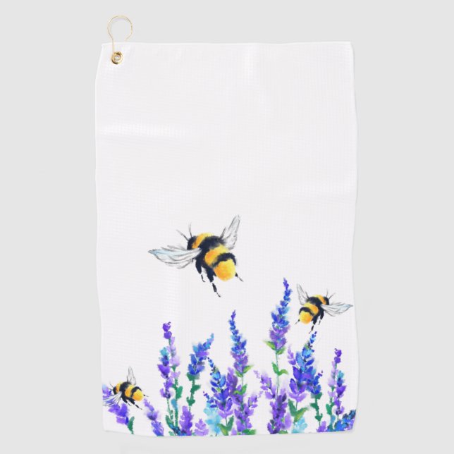 Schöne Frühlingsblumen und Bienen fliegen - Zeichn Golfhandtuch (Vorderseite)