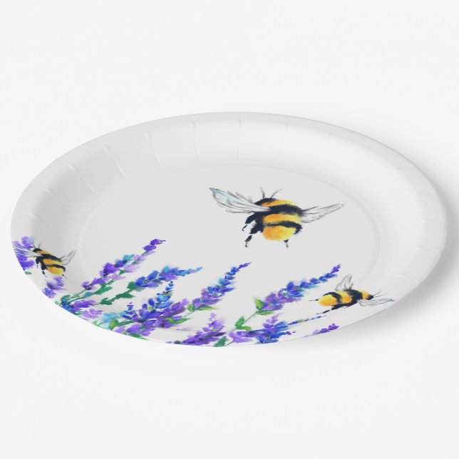 Schöne Frühlingsblumen und Bienen fliegen - Zeichn Pappteller (Schrägansicht)
