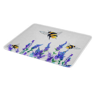 Schöne Frühlingsblumen und Bienen fliegen - Zeichn Schneidebrett