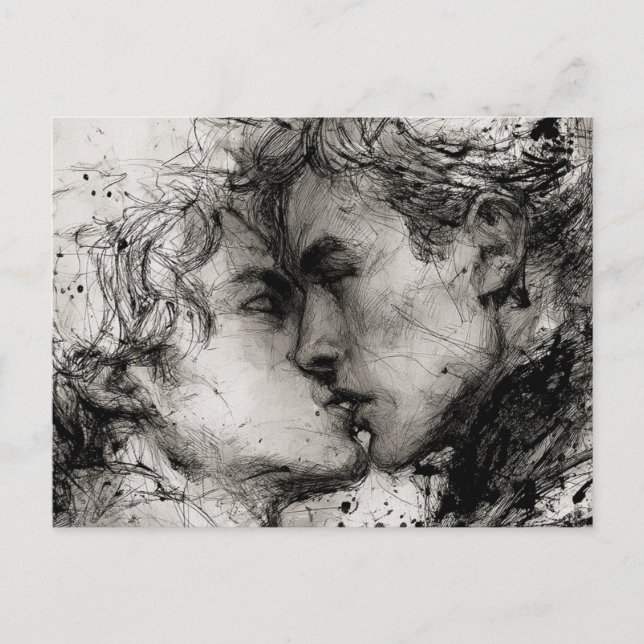 Schöne Gay Liebe Der Kuss in Schwarz und Weiß Postkarte (Vorderseite)
