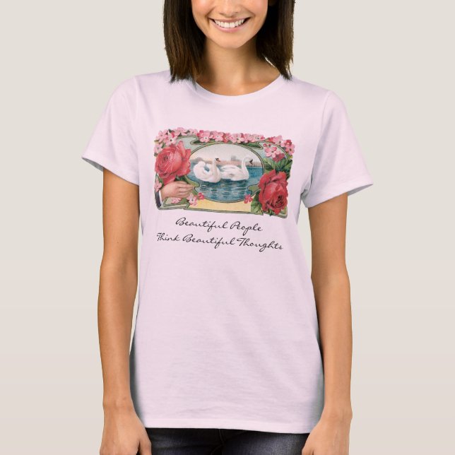Schöne Gedanken Swan & Rose Vintag Art T-Shirt (Vorderseite)