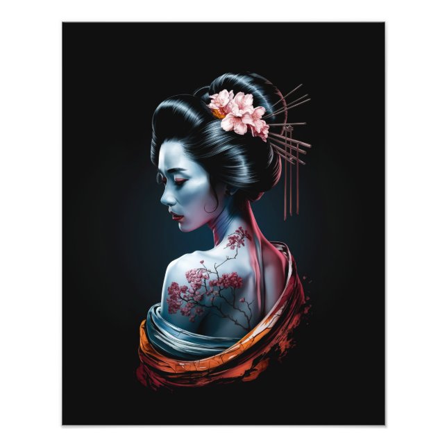 Schöne Geisha Art Print - Schwarzer Hintergrund! Fotodruck (Vorne)