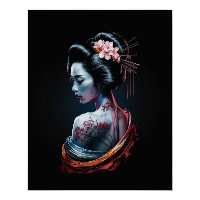 Schöne Geisha Art Print - Schwarzer Hintergrund Poster (Vorderseite)