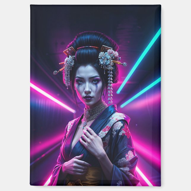 Schöne Geisha Puzzle mit Neon - Elegan Magnet (Vorderseite)