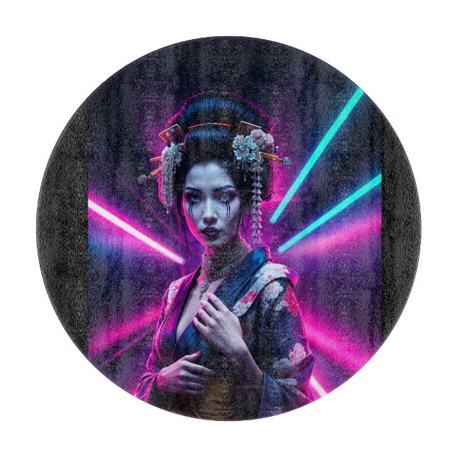 Schöne Geisha Puzzle mit Neon - Elegan Schneidebrett (Vorderseite)