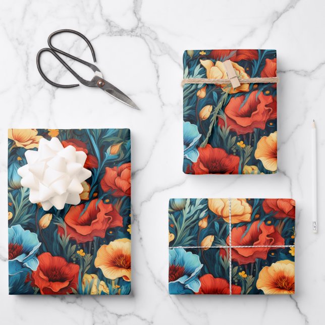 Schöne gelbe blaue Blumen Botanische Printwerbung Geschenkpapier Set (Vorderseite)