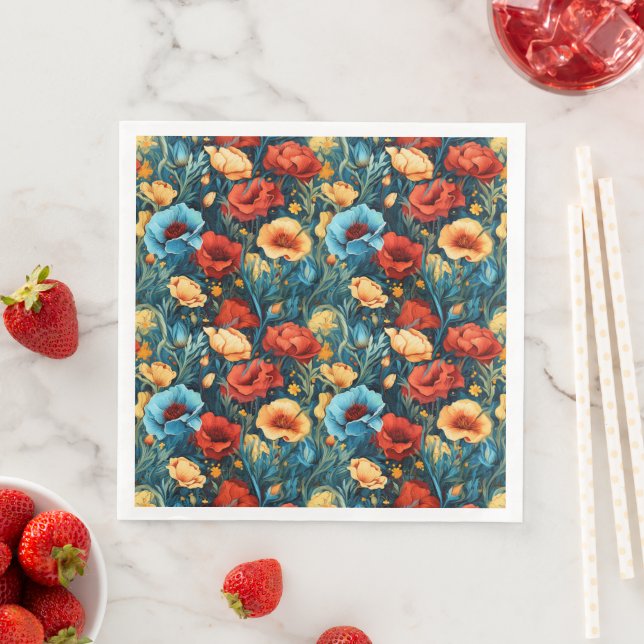 Schöne gelbe blaue und rote Blumenmuster Serviette (Beispiel)