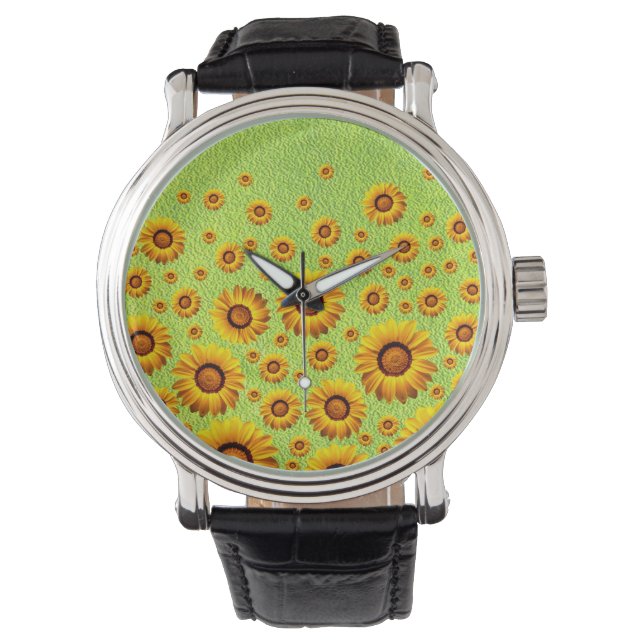 Schöne gelbe Blumen auf abstraktem Grün Armbanduhr (Vorderseite)