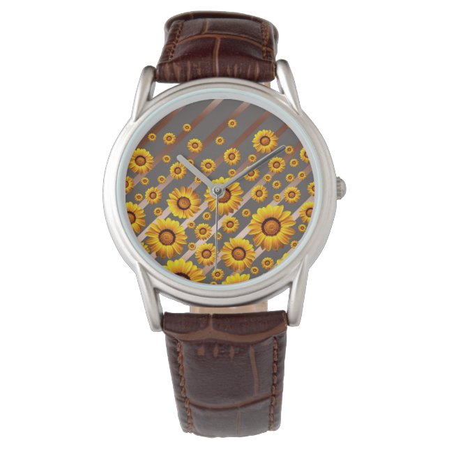 Schöne gelbe Blumen auf grauen, braunen Streifen Armbanduhr (Vorderseite)
