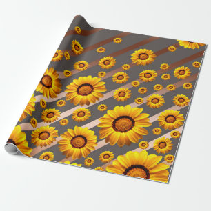 Schöne gelbe Blumen auf grauen, braunen Streifen Geschenkpapier