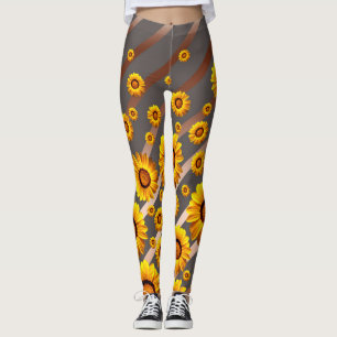 Schöne gelbe Blumen auf grauen, braunen Streifen Leggings